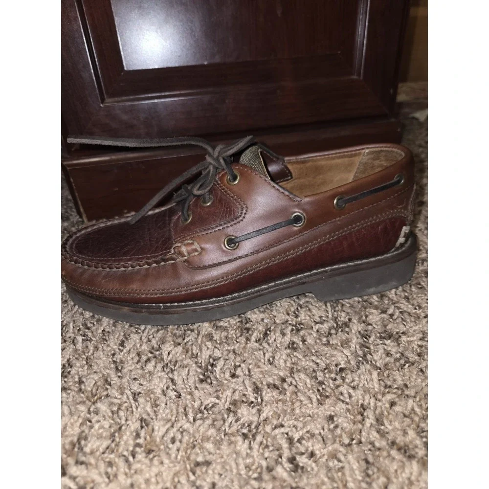 LL Bean Allagash Bison Leather Hand Sewn Boat Shoes Brown Mens Size 7 EE Wide